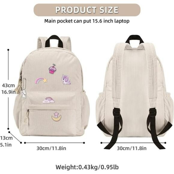 Corduroy school backpack with pins laptop bag for teen girls women travel bookba - Picture 3 of 7